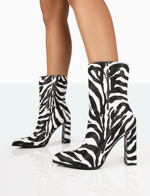 Bridget Zebra Printed PU Pointed Toe Block Heeled Ankle Boots