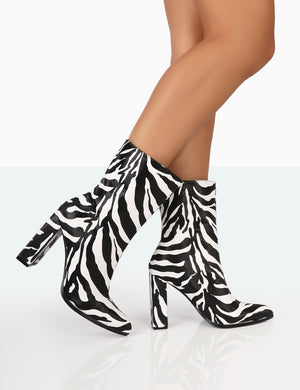 Bridget Zebra Printed PU Pointed Toe Block Heeled Ankle Boots