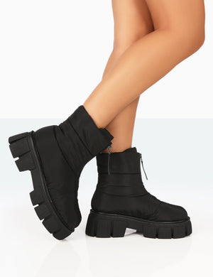 Puffy Black Nylon Zip Up Chunky Sole Snow Ankle Boots