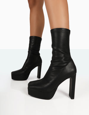 Domini Black Pu Platform Ankle Slim Heeled Boots