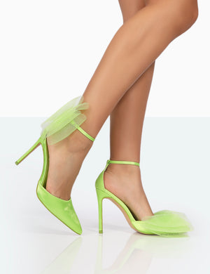 Bell Lime Satin Statement Bow Pointed Court Stiletto Heels