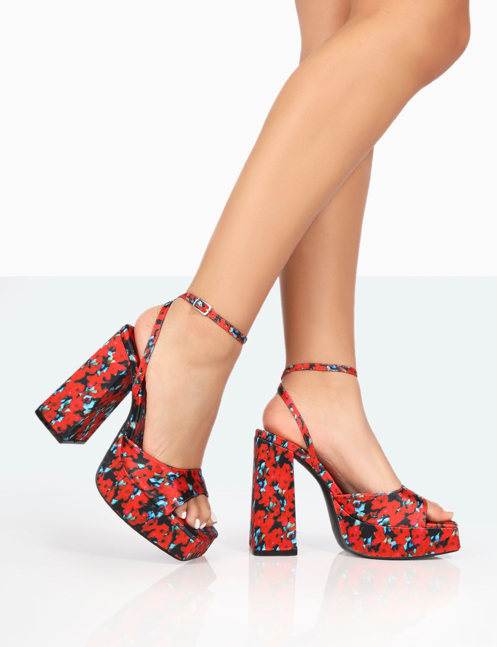 Women's Red Flame Platform Sandals - Strappy Ankle Heels With Studs, 5.5 Inch Heels, PU Upper