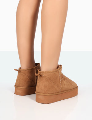 Shorty Tan Faux Suede Ultra Mini Chunky Ankle Boots