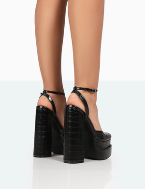 Moonchild Black Croc Closed Toe Statement Platform Block Heels