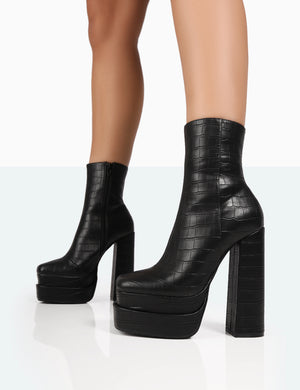 Supine Black Patent Croc Chunky Heeled Platform Ankle Boots
