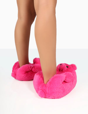 Moxy Pink Fluffy Faux Fur Bear Shaped Slippers