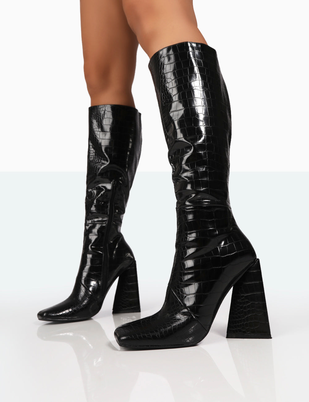 Black croc knee high boots outlet