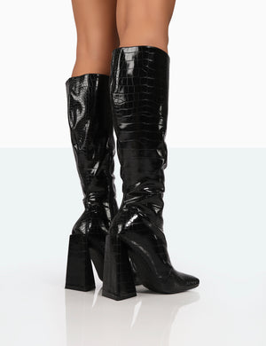 Senna Black Patent Croc Knee High Block Heel Boots