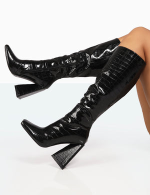 Senna Wide Fit Black Patent Croc Knee High Block Heeled Boots