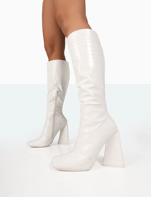 Senna White Croc Pu Knee High Block Heel Boots