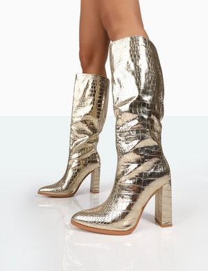 Posie Gold Croc Pu Knee High Block Heel Boots