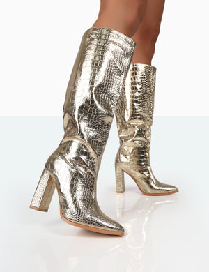 Gold block heel best sale boots