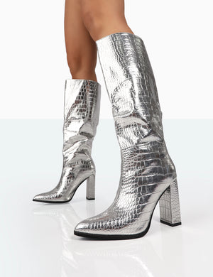 Posie Silver Croc Pu Knee High Block Heel Boots Public Desire