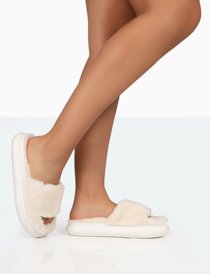 Bashful Ecru Faux Fur Chunky Sole Slider Slippers