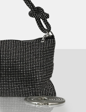 The Ingrid Black Diamante Zip Up Knot Detail Mini Shoulder Bag