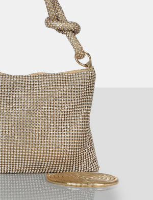 The Ingrid Gold Diamante Zip Up Knot Detail Mini Shoulder Bag