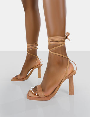 Lamour Wide Fit Beige Faux Suede Square Toe Lace Up Mid Heels