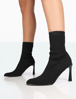 Farah Black Knitted Pointed Toe Stiletto Heel Ankle Sock Boots