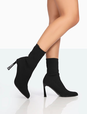 Farah Black Knitted Pointed Toe Stiletto Heel Ankle Sock Boots