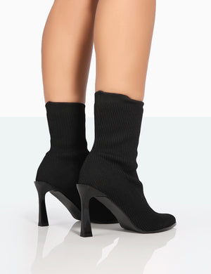 Farah Black Knitted Pointed Toe Stiletto Heel Ankle Sock Boots