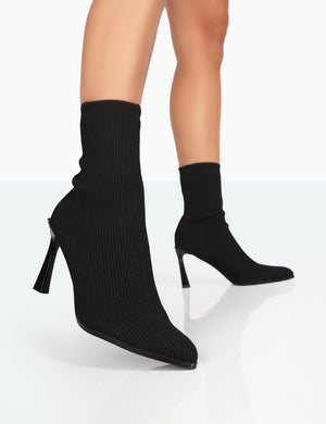 Farah Black Knitted Pointed Toe Stiletto Heel Ankle Sock Boots