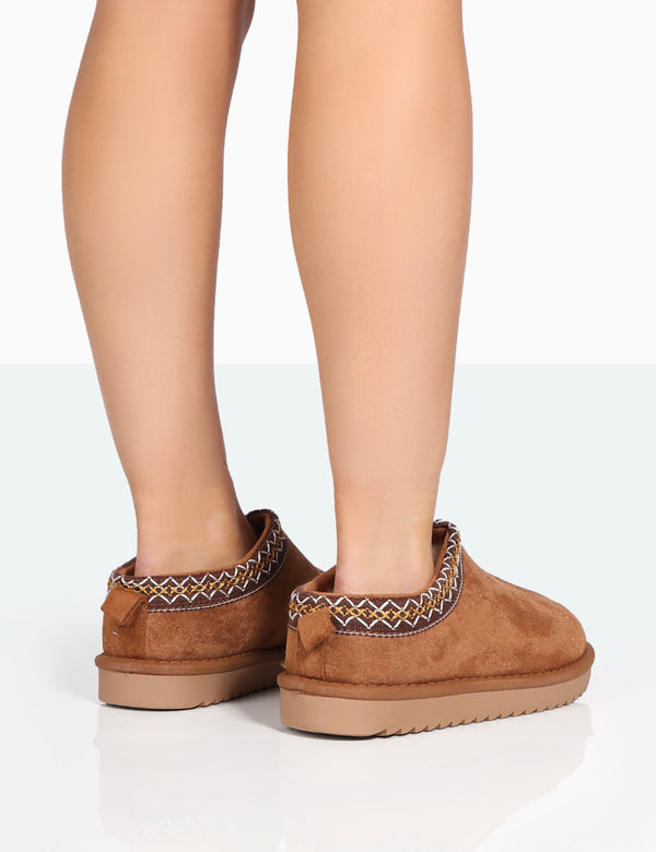 Tamsin Tan Faux Suede Embroidered Slipper Boots