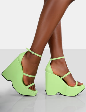 Duke Green Lime Strappy Square Toe Platform Wedge High Heels