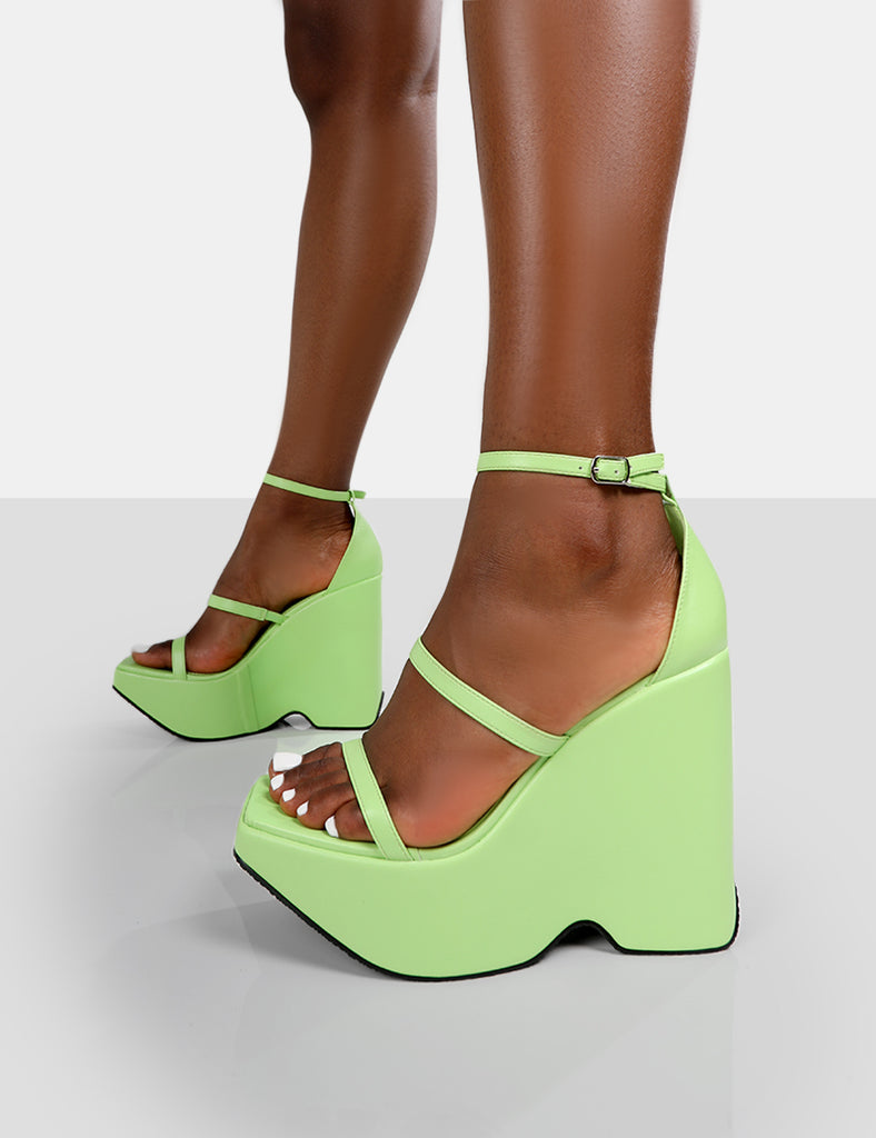 Duke Green Lime Strappy Square Toe Platform Wedge High Heels | Public ...