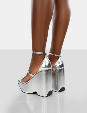Duke Silver Strappy Square Toe Platform Wedge High Heels