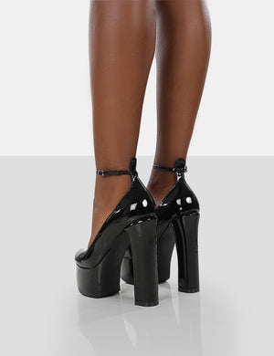 Donatella Black Patent Ankle Strap Block Heel Platform Court Shoes