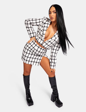 MONOCHROME TEXTURED CHECK CROPPED BLAZER IVORY