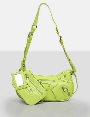 The Trackstar Lime Green Pu Studded Mirror Zip Detail Handbag