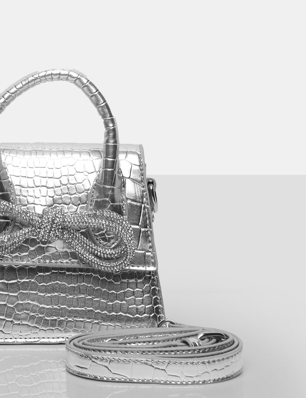 The Indy Silver Croc Pu Diamante Bow Mini Bag