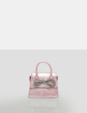 The Indy Pink Pu Diamante Bow Mini Bag