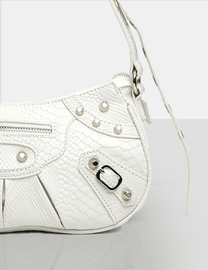 The Trackstar White Croc Pu Studded Mirror Zip Detail Handbag
