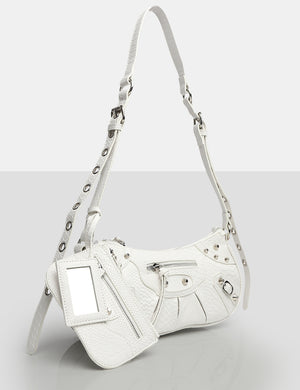 The Trackstar White Croc Pu Studded Mirror Zip Detail Handbag