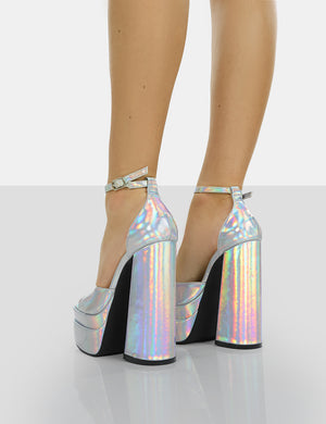 Mercy Silver Holographic Strappy Square Toe Platform High Block Heels
