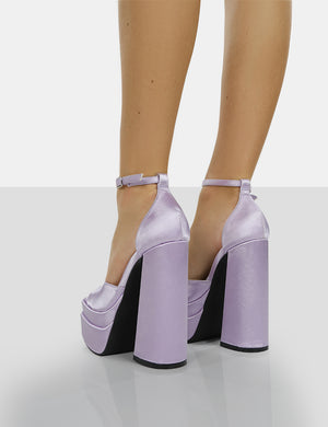 Mercy Lavender Satin Strappy Square Toe Platform High Block Heels