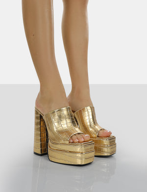 Sky High Gold Croc Chunky Platform High Heeled Mules