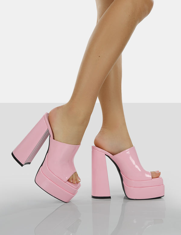 Sky High Bubblegum Pink Patent Chunky Platform High Heeled Mules