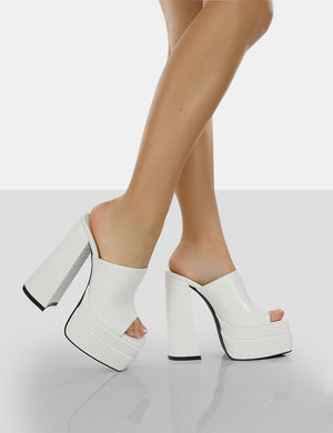 Sky High White Croc Chunky Platform High Heeled Mules