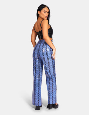 Snake Print Pu Wide Leg Trousers Blue