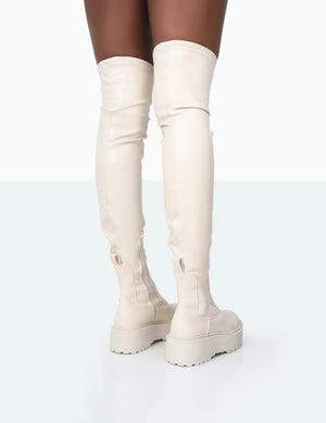 Pheonixe Ecru Pu Chunky Sole Round Toe Over The Knee Boots