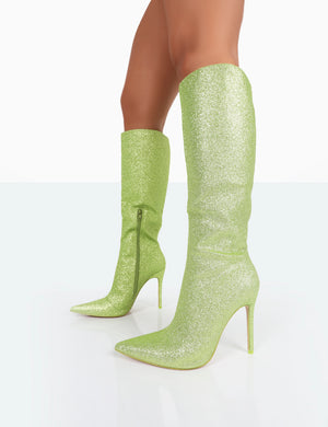 Diva Lime Glitter Pointed Toe Stiletto Knee High Boots