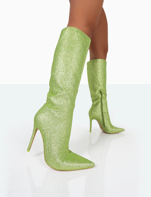 Diva Lime Glitter Pointed Toe Stiletto Knee High Boots