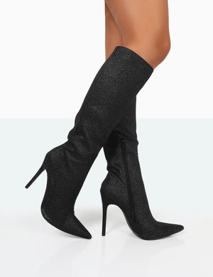 Diva Black Glitter Pointed Toe Stiletto Knee High Boots