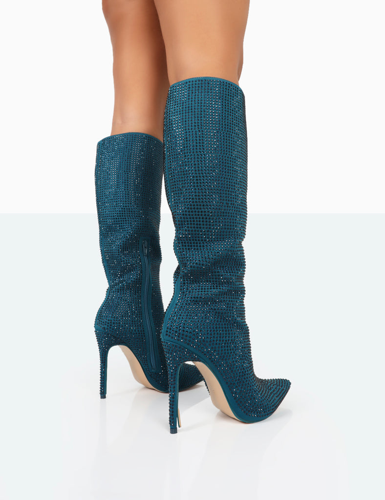 Lexi Teal Diamante Stiletto Knee High Boots Public Desire