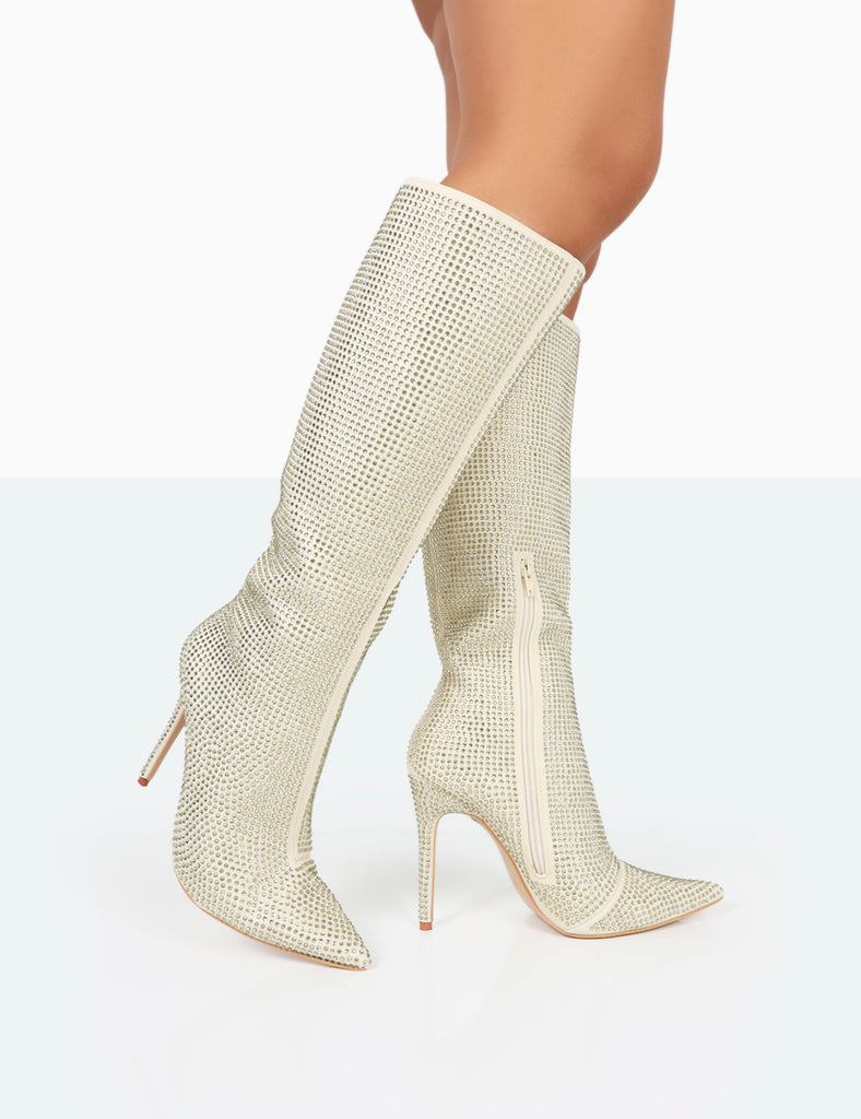 Lexi Gold Diamante Stiletto Knee High Boots | Public Desire