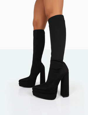 End Game Black Lycra Platform Pointed Toe Block Heel Knee High Boots