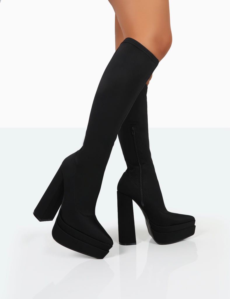 End Game Black Lycra Platform Pointed Toe Block Heel Knee High Boots Public Desire